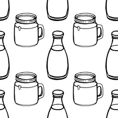 Milk hand draw seamless pattern. Vector bottle isolated on white background, Digital paper