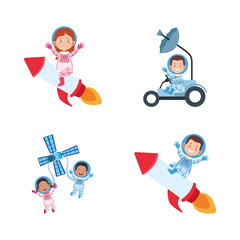 icon set of cartoon astronauts on space vehicles, colorful design