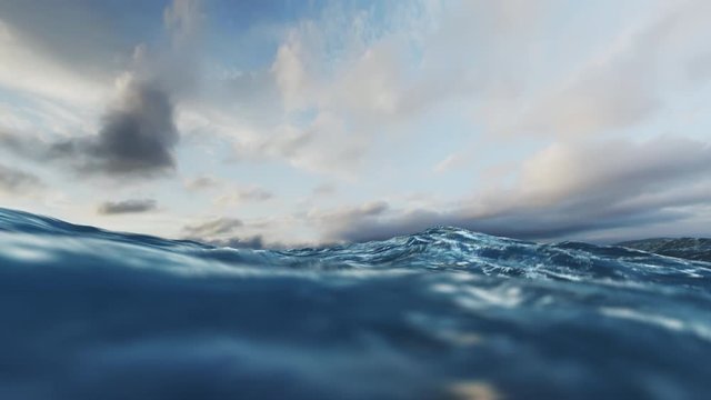 Rough Sea Loop 3D 4k Animation loop of big waves in an agitated ocean. Camera goes underwater several times. New version, even more realistic with higher quality textures and liquid physics.