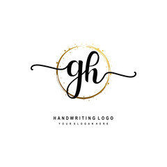 Initials letter GH vector handwriting logo template. with a circle brush and splash of gold paint