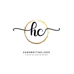 Initials letter HC vector handwriting logo template. with a circle brush and splash of gold paint