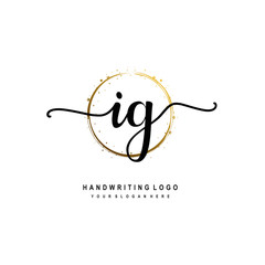 Initials letter IG vector handwriting logo template. with a circle brush and splash of gold paint
