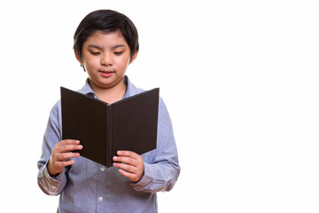 Studio shot of Japanese boy isolated against white background