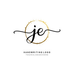 Initials letter JE vector handwriting logo template. with a circle brush and splash of gold paint
