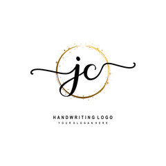 Initials letter JC vector handwriting logo template. with a circle brush and splash of gold paint