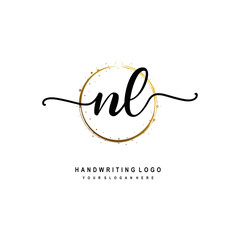 Initials letter NL vector handwriting logo template. with a circle brush and splash of gold paint