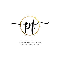 Initials letter PF vector handwriting logo template. with a circle brush and splash of gold paint