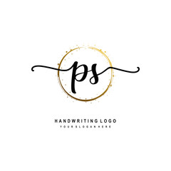 Initials letter PS vector handwriting logo template. with a circle brush and splash of gold paint