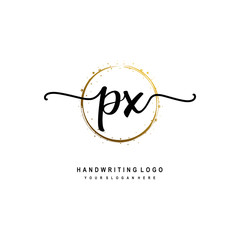 Initials letter PX vector handwriting logo template. with a circle brush and splash of gold paint