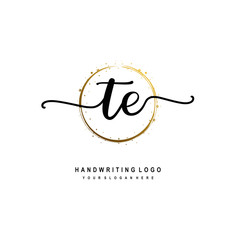 Initials letter TE vector handwriting logo template. with a circle brush and splash of gold paint