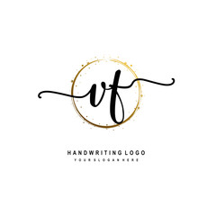Fototapeta premium Initials letter VF vector handwriting logo template. with a circle brush and splash of gold paint