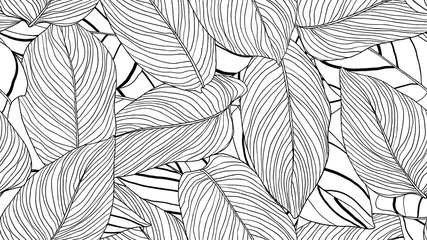 Muurstickers Gebladerte naadloos patroon, laat lijntekeningen inkt tekenen in zwart-wit © momosama