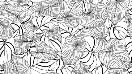 Afwasbaar fotobehang Foliage seamless pattern, leaves line art ink drawing in black and white © momosama