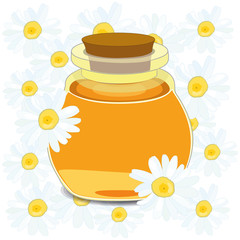 A drawing of a vial of essential oil. The oil of chamomile. Beautiful, green background. Chamomile flowers.Vector