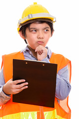 Studio shot of Japanese boy isolated against white background