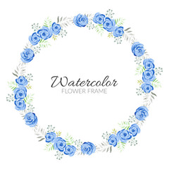 Blue rose floral watercolor hand painted circle wreath