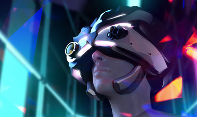 3d image of futuristic sci-fi female face in helmet with neon background.
