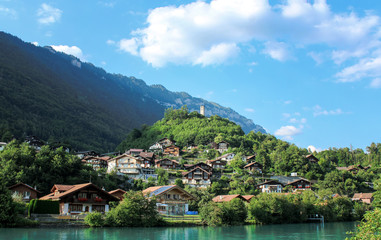 Fototapeta na wymiar Beautiful small village by the riverside in Interlaken, Switzerland