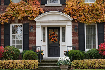 Front door of traditional brick house with fall wreath  surrounded by ivy with fall colors