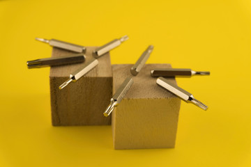 Interchangeable screwdriver set with different types of metal steel heads and bits. Isolated on...