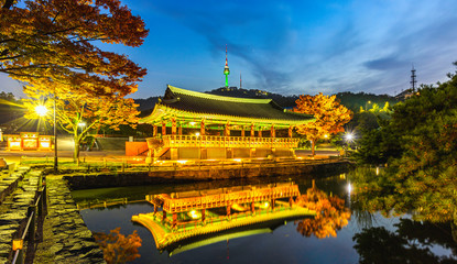 Nightscape of pavilion at namsangol hanok traditional village in Seoul,South Korea