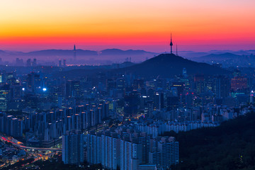 Sunrise and  Skyline of Seoul viewpoint from Ansan mountain in Seoul,South Korea
