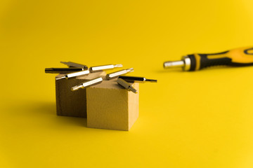 Interchangeable screwdriver set with different types of metal steel heads and bits. Isolated on...