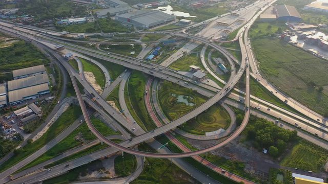Aerial view and Top view. Traffic of expressways, motorways and highways