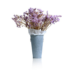 bouquet of wild flowers in tin vase isolated on white