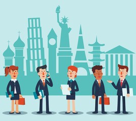 Young businessmen and business women talking and discussing. Vector illustration of business characters