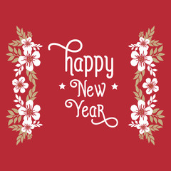 Card happy new year, with leaf floral frame, isolated on red background. Vector
