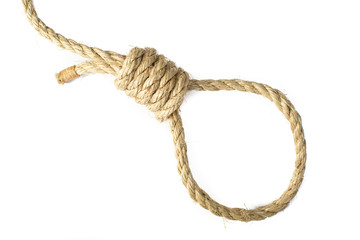 Noose tied in natural Sisal Rope, isolated high key.
