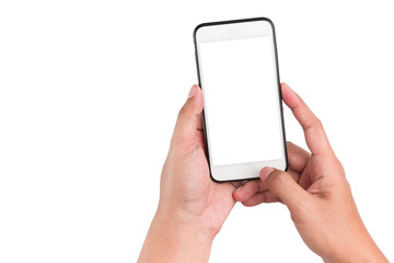 Hand holding smartphone on white. Clipping path.