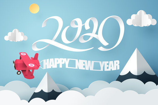 Paper art of 2020 happy new year with red plane flying in the sky