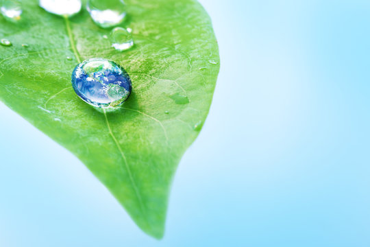 Earth in water drop reflection on green leaf with light background, earth day and environment concept, Elements of this image furnished by NASA