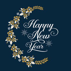 Banner lettering happy new year with style decor of leaf flower frame hand drawn. Vector