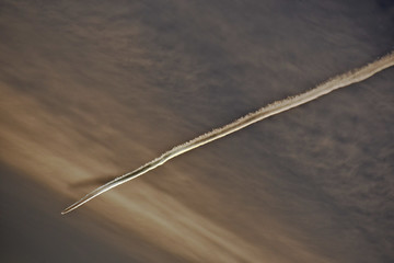 Contrail with shadow cast upward to cirrus cloud from rising sun