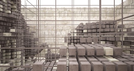 Abstract architectural concrete  interior  from an array of white cubes with large windows. 3D illustration and rendering.