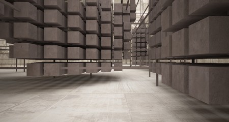 Abstract architectural concrete  interior  from an array of white cubes with large windows. 3D illustration and rendering.