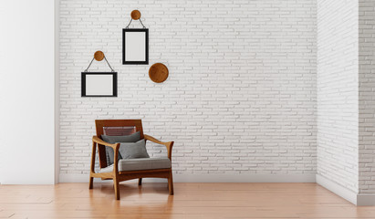 minimal room with white brick wall and wooden floor, 3D rendering