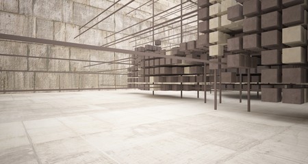 Abstract architectural concrete  interior  from an array of white cubes with large windows. 3D illustration and rendering.