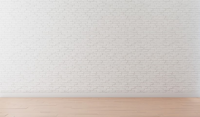empty room with white brick wall and wooden floor, 3D rendering