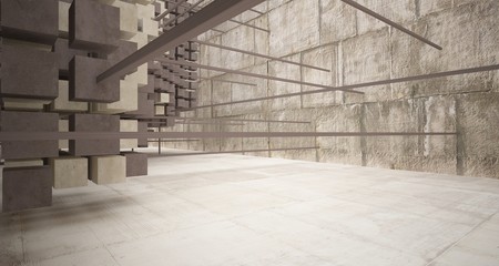Abstract architectural concrete  interior  from an array of white cubes with large windows. 3D illustration and rendering.