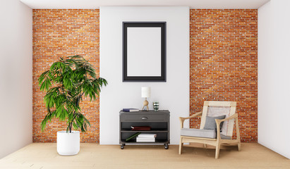cozy minimal living room interior, brick and white concrete wall, 3d rendering background