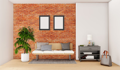 cozy minimal living room interior, brick and white concrete wall, 3d rendering