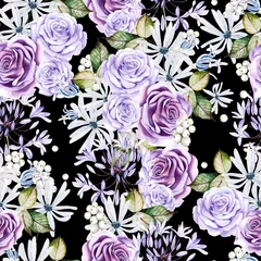 Meubelstickers Beautiful watercolor seamless pattern with  white and purple roses, bud and flowers. © knopazyzy