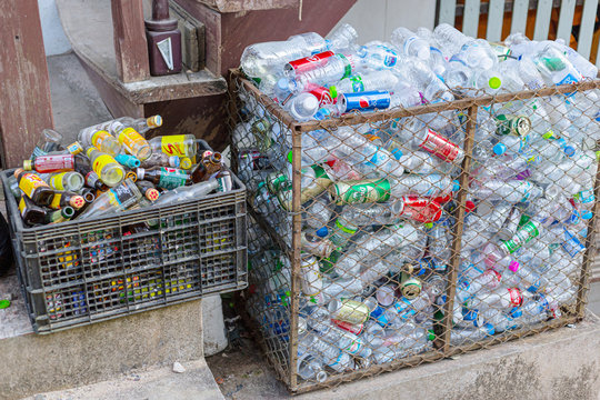 Used aluminium Can and drinking water plastic bottle garbage waste collected sale for recycle in Thailand. 31 January 2019.