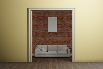 empty room with sofa, yellow wall and brick wall, 3d rendering