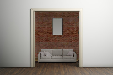 empty room with sofa, white wall and brick wall, 3d rendering