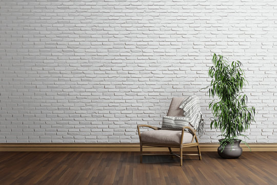 interior design of room with chair and white brick wall, 3D rendering